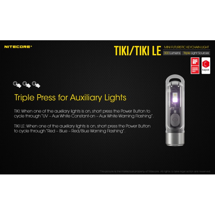 Nitecore TIKI (White) w UV & HCRI White LED Keychain 300L Type-C Rechargeable Flashlight