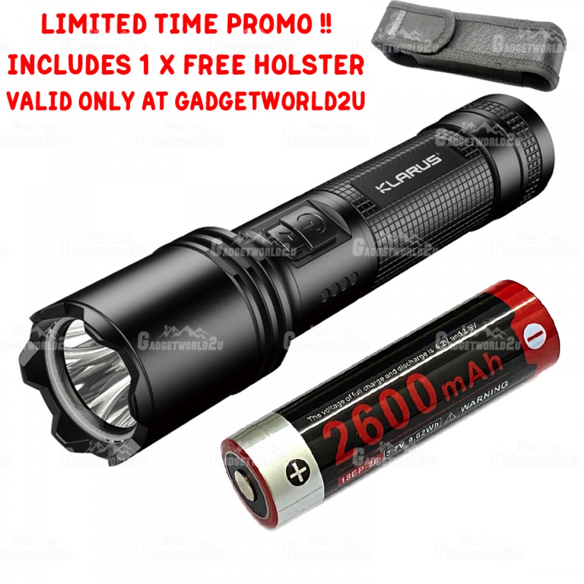 Klarus A1 10W High-Efficiency LED 1100L Rechargeable Flashlight + FREE 1 x HOLSTER