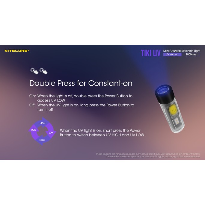 Nitecore TIKI UV 1000mW 365nm & HCRI White LED Keychain 70L Type-C Rechargeable Flashlight