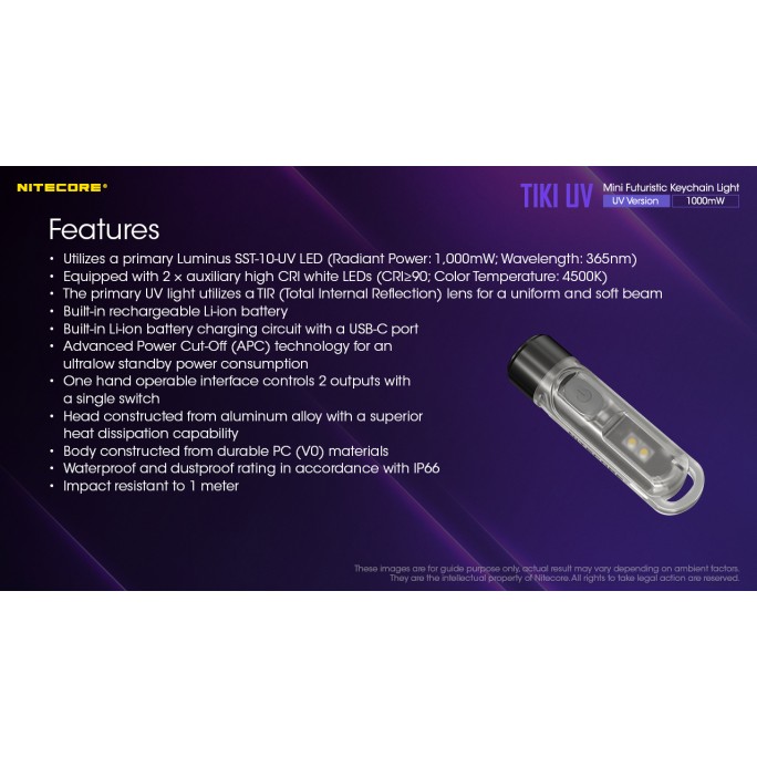 Nitecore TIKI UV 1000mW 365nm & HCRI White LED Keychain 70L Type-C Rechargeable Flashlight