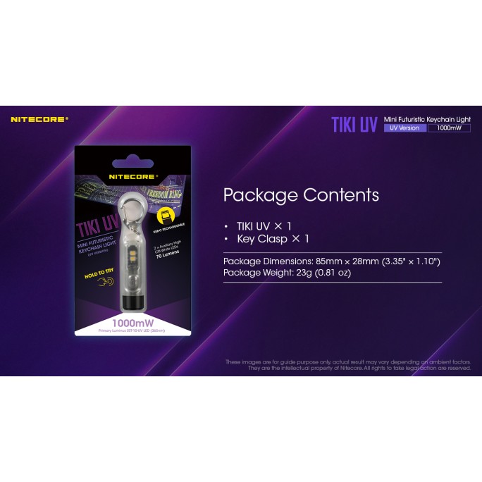 Nitecore TIKI UV 1000mW 365nm & HCRI White LED Keychain 70L Type-C Rechargeable Flashlight