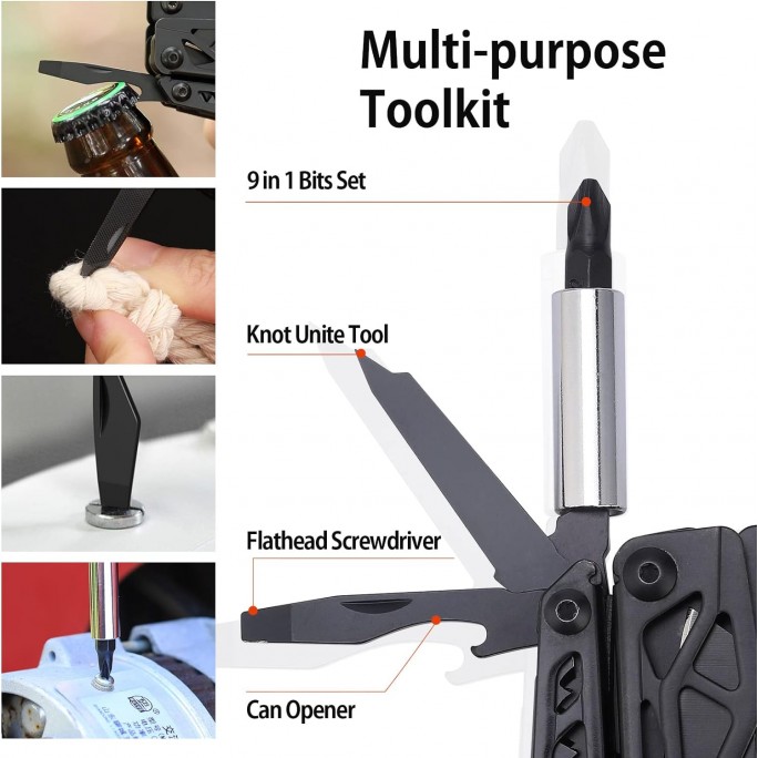 NexTool 11-in-1 + 10 Bits Black Knight NE20151 Steel Full Size Pliers Scissors Multifunctional Multitool