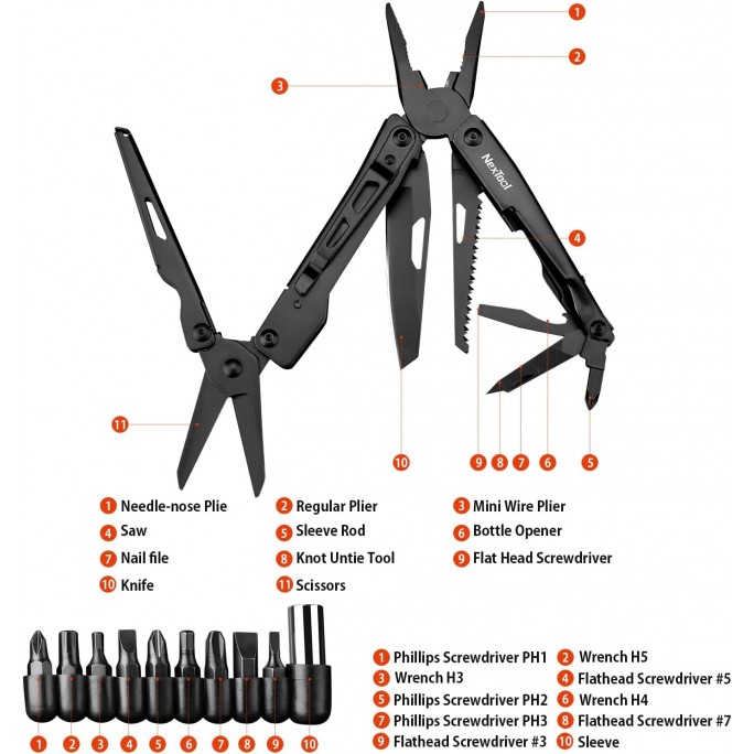 NexTool 11-in-1 + 10 Bits Black Knight NE20151 Steel Full Size Pliers Scissors Multifunctional Multitool