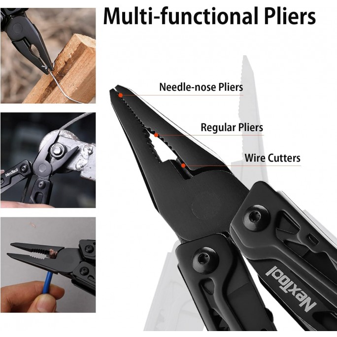 NexTool 11-in-1 + 10 Bits Black Knight NE20151 Steel Full Size Pliers Scissors Multifunctional Multitool