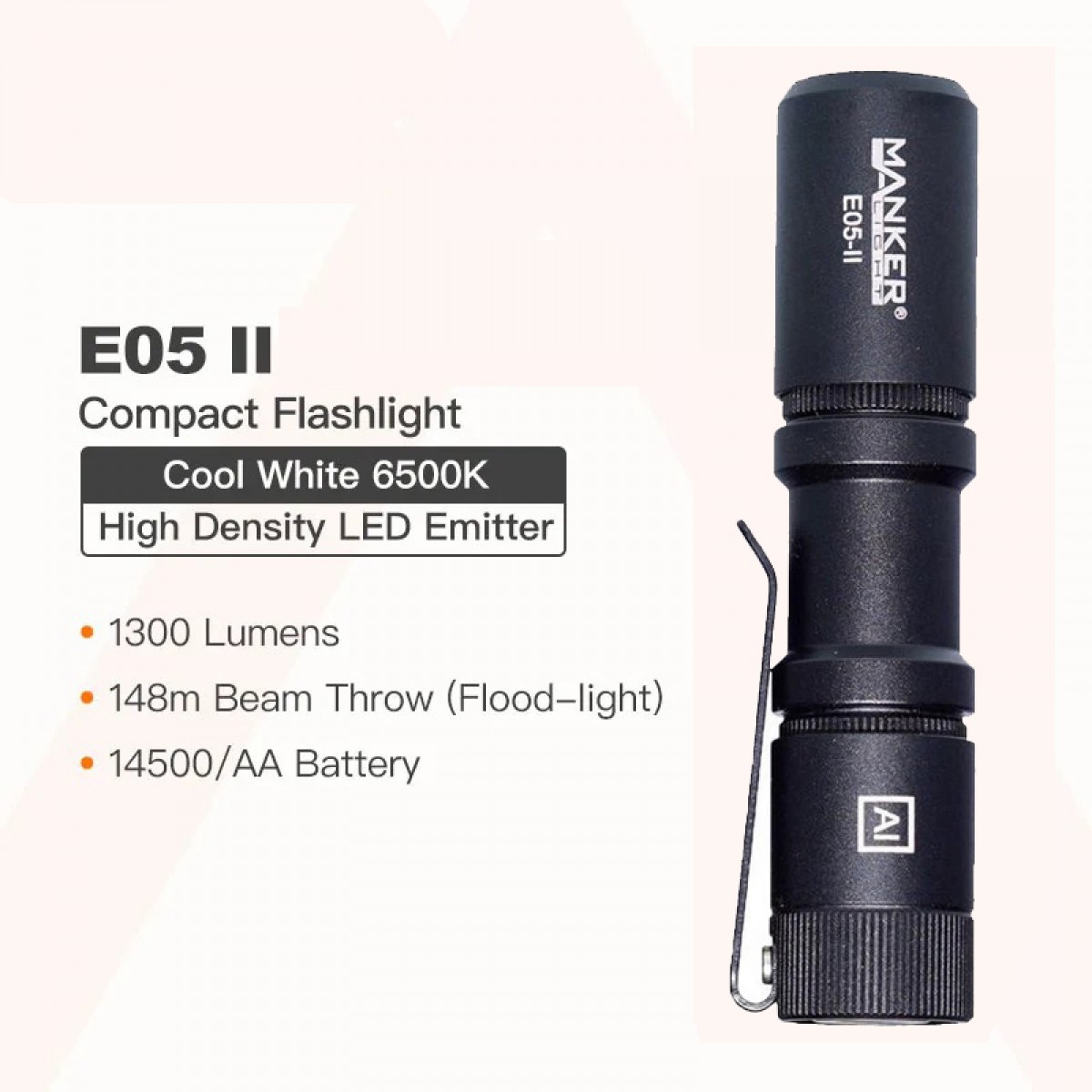Manker E05 II CW BLACK Cool White LED 1300L Rechargeable EDC Flashlight