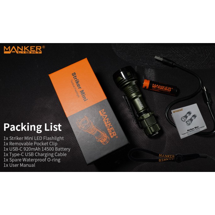 Manker Striker Mini BLACK Osram KW CSLNM1.TG Cool White LED 635L Rechargeable Pocket Tactical Flashlight