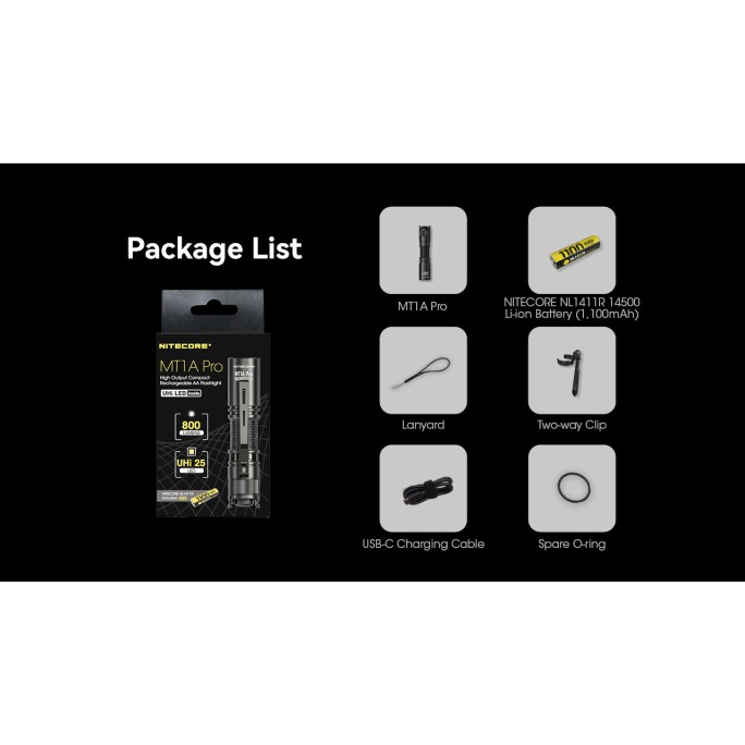 Nitecore MT1A Pro NiteLab UHi 25 LED 800L CW Flashlight w Rechargeable Battery