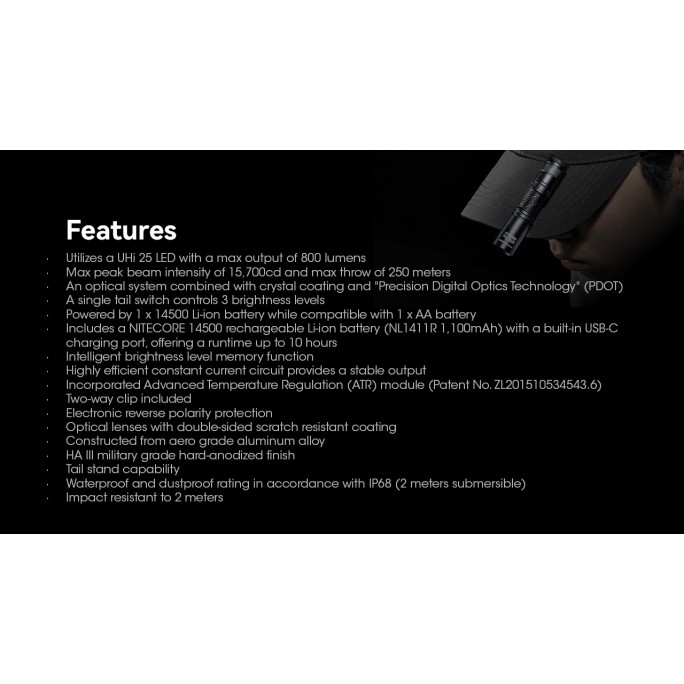 Nitecore MT1A Pro NiteLab UHi 25 LED 800L CW Flashlight w Rechargeable Battery