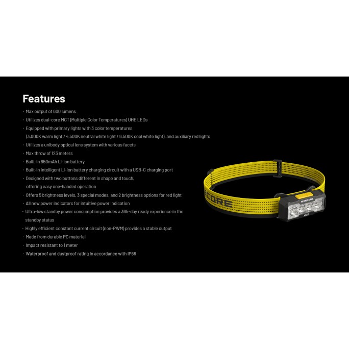 Nitecore NU27 NiteLab MCT UHE LED 600 Lumens 3 Colour Temperature Headlamp (Alpine White)