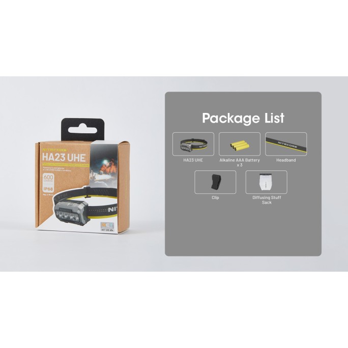 Nitecore HA23 UHE MCT 600L Headlamp + 3xAAA Alkaline Batteries (Black Rock)