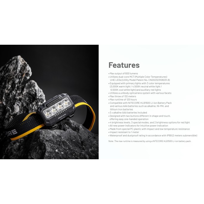 Nitecore HA23 UHE MCT 600L Headlamp + 3xAAA Alkaline Batteries (Black Rock)