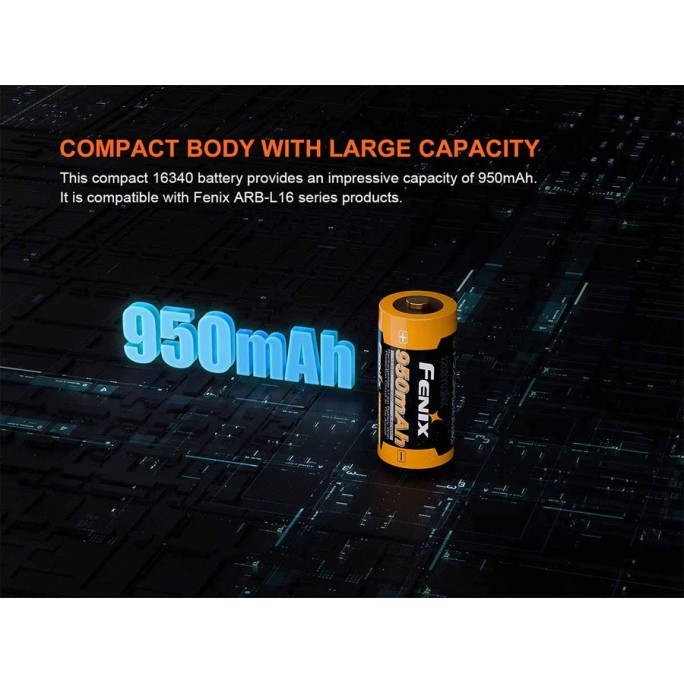 Fenix 16340 RCR123 3.6V 950mAh Li-ion Rechargeable Battery (ARB-L16-950P)